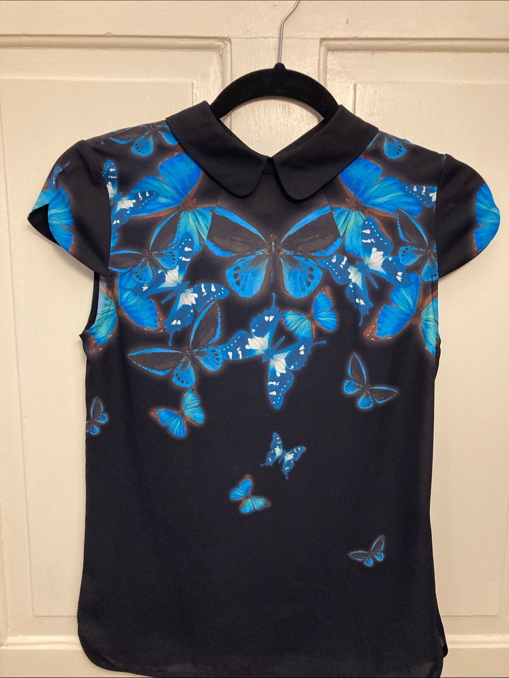 Ted Baker Black Top with Blue Butterfly Print and Peter Pan Collar, Size 0